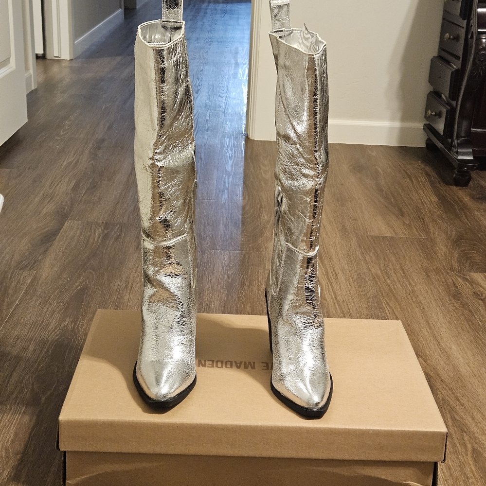 Steve Madden Seven Silver Metallic Leather Knee High Boots 7.5 - Picture 6 of 15